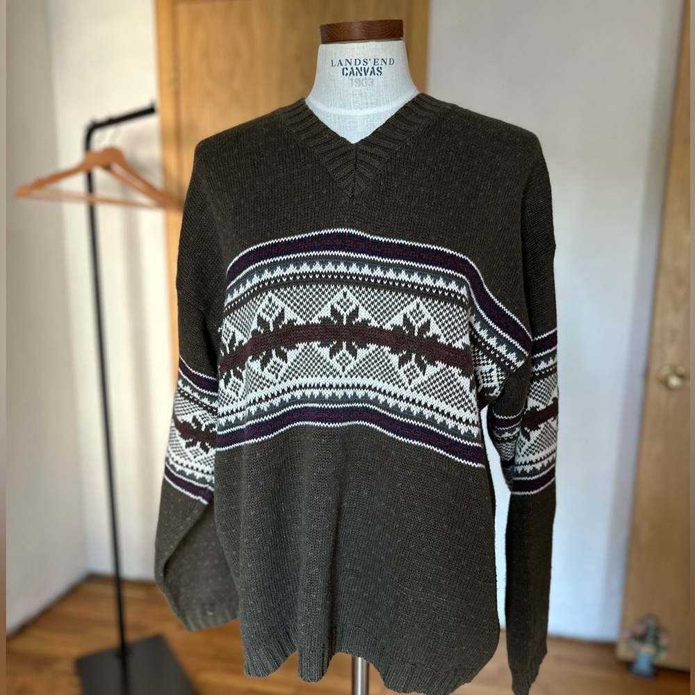 Vintage Olive Green Fall tribal cozy Patterned V-Neck Cotton Blended Sweater A